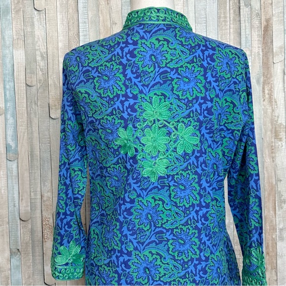 Gretchen Scott XS Embroidered Tunic Dress Mini Shift Blue Green Paisley Printed - Picture 6 of 8